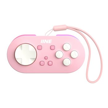 Controlador inalámbrico IINE Micro Bluetooth en color rosa con una correa de muñeca, mostrando sus botones y diseño compacto.