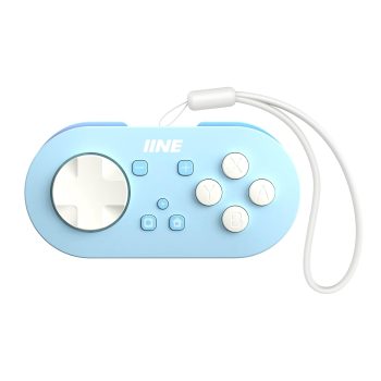 Controlador inalámbrico IINE Micro Bluetooth en color celeste con una correa de muñeca, mostrando sus botones y diseño compacto.