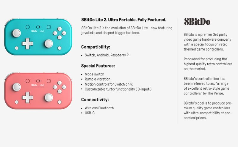 Control inalámbrico 8BitDo Lite 2 para Nintendo Switch Características técnicas