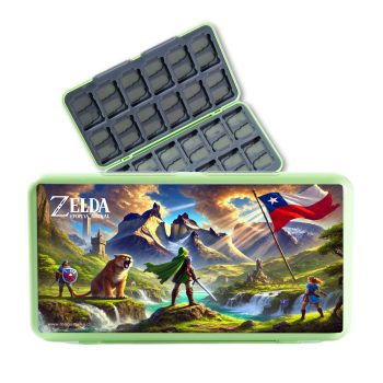 Estuche para Juegos Nintendo Switch Zelda Epopeya Austral, mostrando su capacidad de 24 juegos en vista abierta y cerrada.