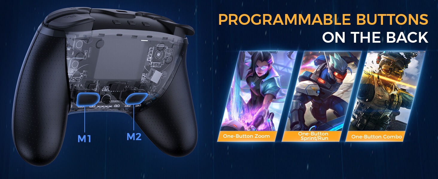 Botones programables M1 y M2 en el control IINE Elite Pro para acciones personalizadas en videojuegos.