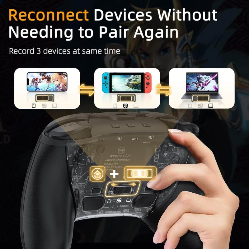 Controlador IINE Elite Pro que permite recordar hasta tres dispositivos, compatible con Switch, PC y otros dispositivos para cambio rápido sin emparejamiento.