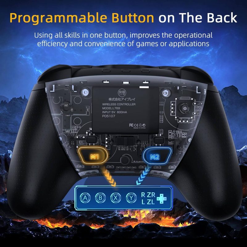 Controlador IINE Elite Pro con botones traseros M1 y M2 programables para mejorar la eficiencia en juegos y aplicaciones.