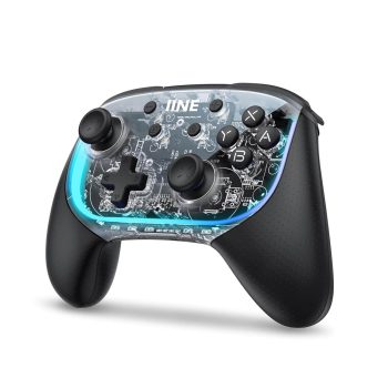 ontrol Joystick Inalámbrico IINE ELITE PRO compatible con Nintendo Switch, PC, Android y iOS, con diseño transparente, luces RGB y función de vibración HD para una experiencia gaming avanzada