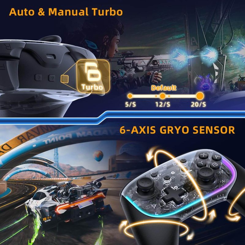 Función de Turbo ajustable en el Controlador IINE Elite Pro con sensor giroscópico de 6 ejes para precisión en los juegos de carreras y acción.