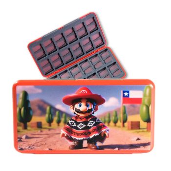 Primer plano del Estuche de Juegos Nintendo Switch Mario Chile Odyssey, con diseño de Mario Bros en un entorno chileno, destacando bandera y paisajes tradicionales.