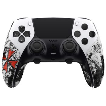 Vista frontal de la funda protectora Infex para mando DualSense Edge PS5 con diseño apocalíptico en blanco, negro y rojo.