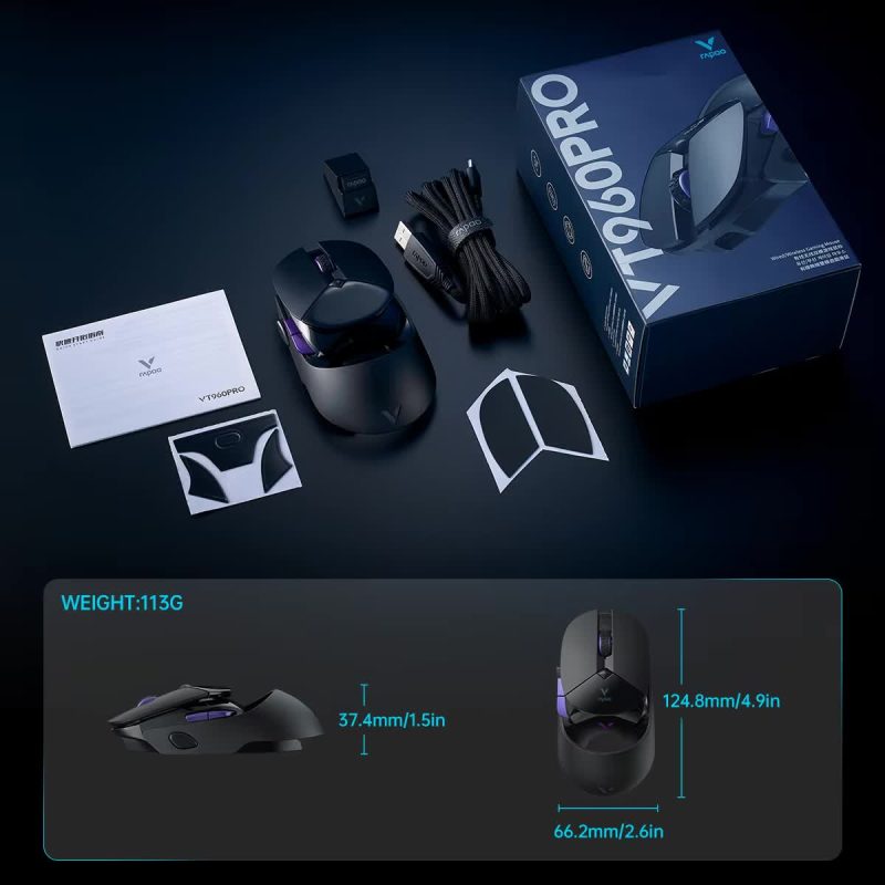 Mouse gamer Rapoo VT960 PRO con accesorios, incluyendo cable USB, dongle y manual.