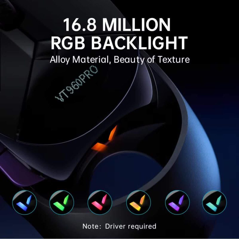 Mouse gamer Rapoo VT960 PRO con retroiluminación RGB personalizable de 16.8 millones de colores.