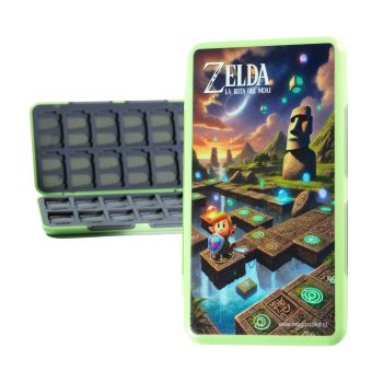 Estuche para Juegos Nintendo Switch Zelda inspirado en las aventuras de Zelda y los Moai, mostrando un diseño de Moai y un paisaje místico.